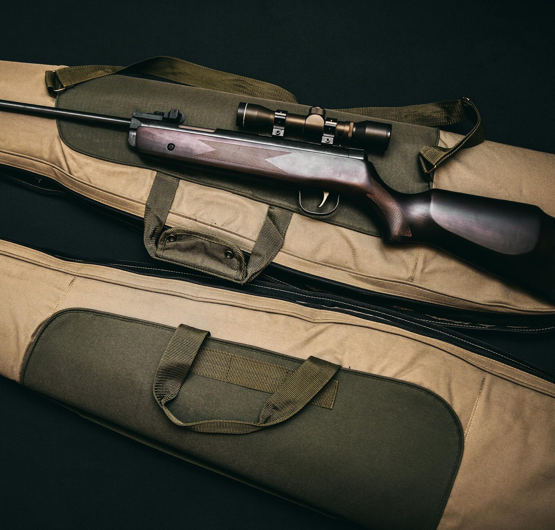 Close-up of a hunting rifle with a scope on a carrying bag, showcasing firearms and hunting gear.